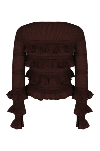 Zimmermann Long Sleeve Knit Top With Ruffles In Brown