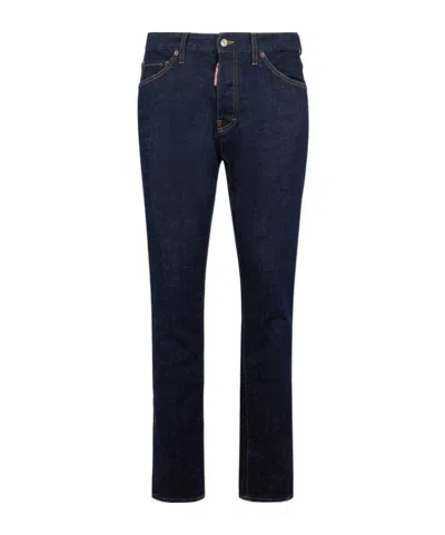 Dsquared2 Five-pocket Button-up Jeans With Logo Patch In Blue