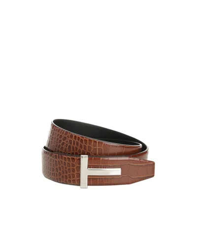 Tom Ford Shiny Printed Croc Reversible T Belt 40 Mm Belts Brown In Brown
