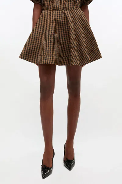 Ganni Crinkled Check Mini Circle Skirt In Brown