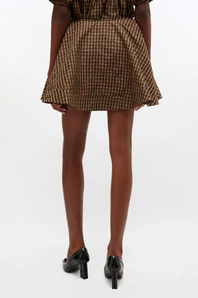 Ganni Crinkled Check Mini Circle Skirt In Brown