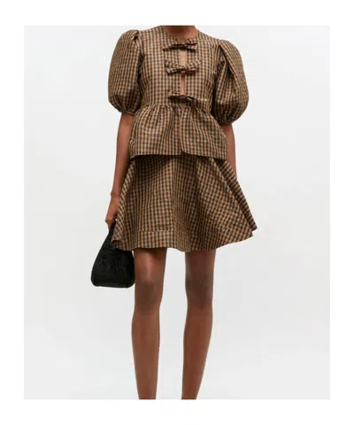 Ganni Crinkled Check Mini Circle Skirt In Brown