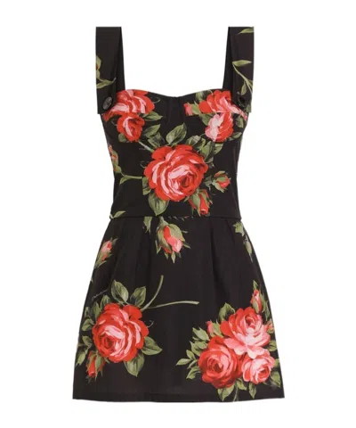 Dolce & Gabbana Floral-print Cotton Bustier Mini Dress In Black