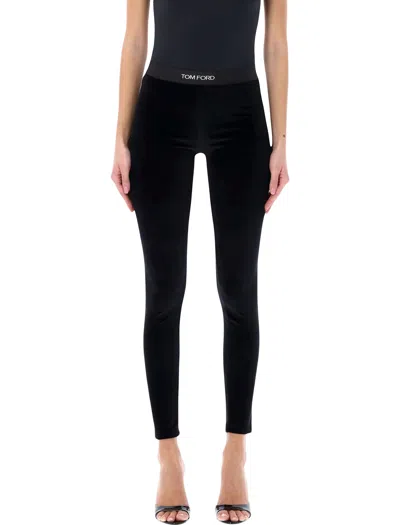 Tom Ford Black Stretch Velour Logo Leggings In Animal Print