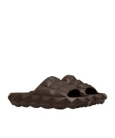 Valentino Flat Rockstud Slides In Brown