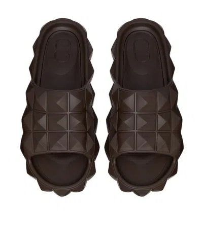 Valentino Flat Rockstud Slides In Brown