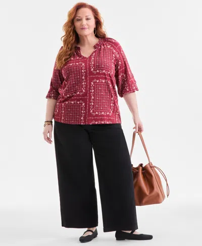 Style & Co Plus Size Split-neck 3/4-sleeve Top, Macy's Exclusive In Burgundy