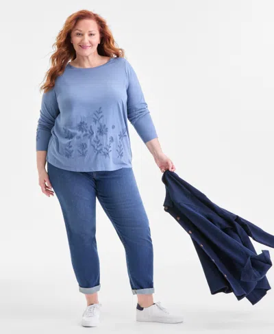 Style & Co Plus Size Embroidered Boat-neck Top, Macy's Exclusive In Blue