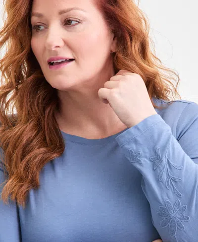 Style & Co Plus Size Embroidered Boat-neck Top, Macy's Exclusive In Blue