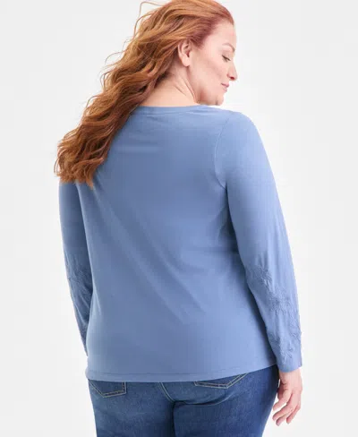 Style & Co Plus Size Embroidered Boat-neck Top, Macy's Exclusive In Blue