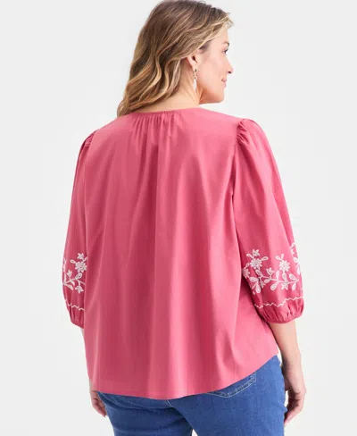 Style & Co Plus Size Cotton Embroidered 3/4-sleeve Blouse, Macy's Exclusive In Multi
