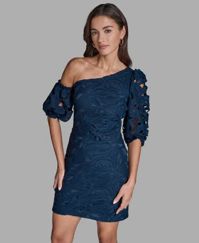 Bcbg Women's Lace One-shoulder Textured Puff Sleeve Mini Dress In Multi