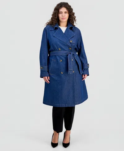 Anne Klein Plus Size Belted Denim Trench Coat In Blue