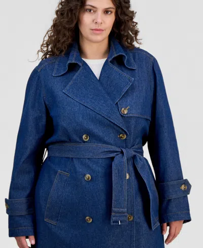 Anne Klein Plus Size Belted Denim Trench Coat In Blue