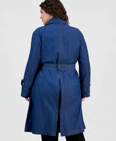Anne Klein Plus Size Belted Denim Trench Coat In Blue