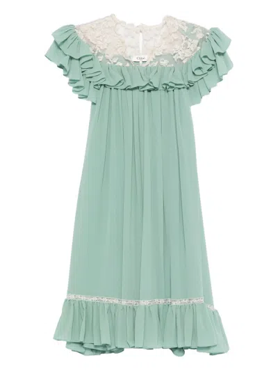 Chloé Ruffled Lace-trimmed Silk Georgette Mini Dress In Green