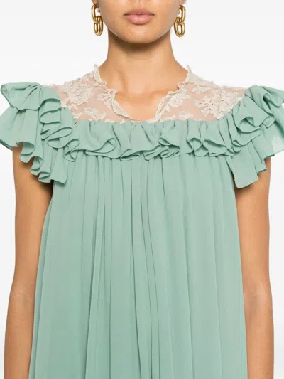 Chloé Ruffled Lace-trimmed Silk Georgette Mini Dress In Green