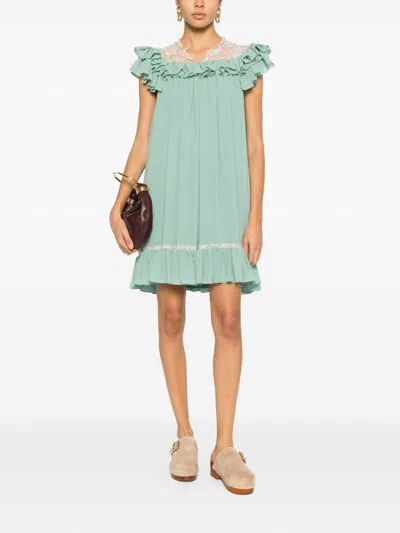 Chloé Ruffled Lace-trimmed Silk Georgette Mini Dress In Green