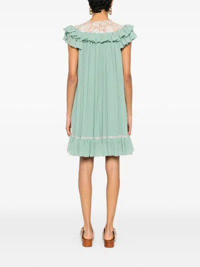 Chloé Ruffled Lace-trimmed Silk Georgette Mini Dress In Green