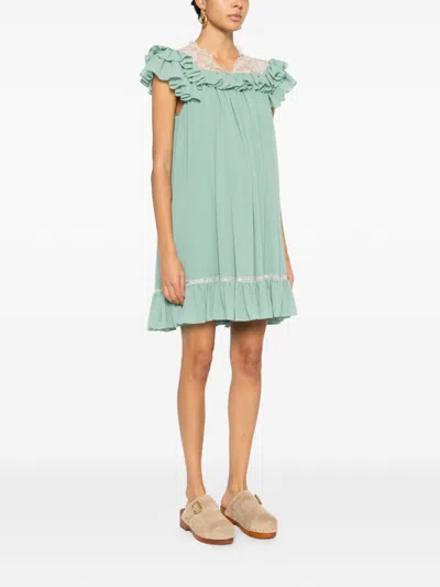 Chloé Ruffled Lace-trimmed Silk Georgette Mini Dress In Green