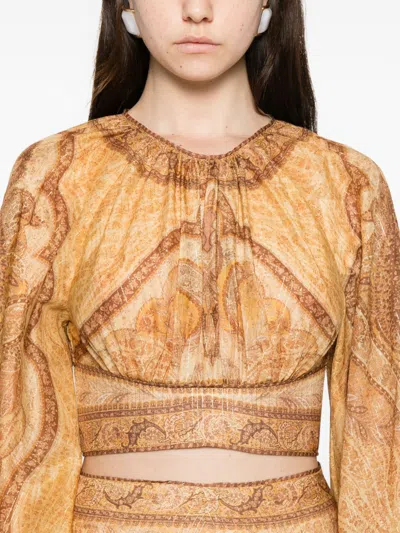 Zimmermann Womens Tapestry Mustard Multi Wanderlust Cropped Cotton-blend Top Xxs In Brown