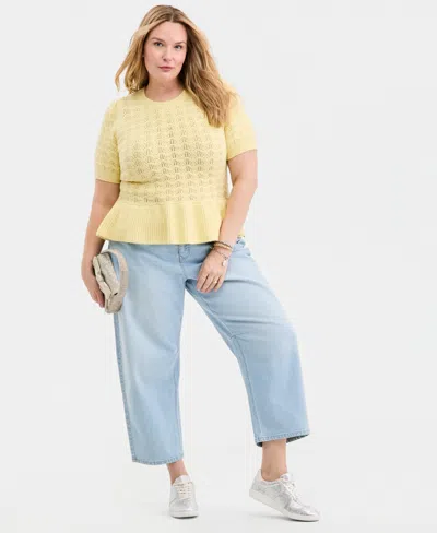 On 34th Trendy Plus Size Textured Short-sleeve Peplum Sweater, Macy's Exclusive In Yellow
