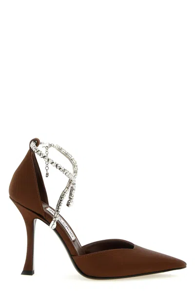 Jimmy Choo Stevie Pumps Ankle Strap Embellished Satin Pointed In Brown
