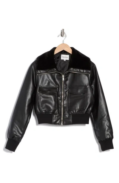 Vigoss Faux Fur Collared Faux Leather Dad Bomber Jacket In Black