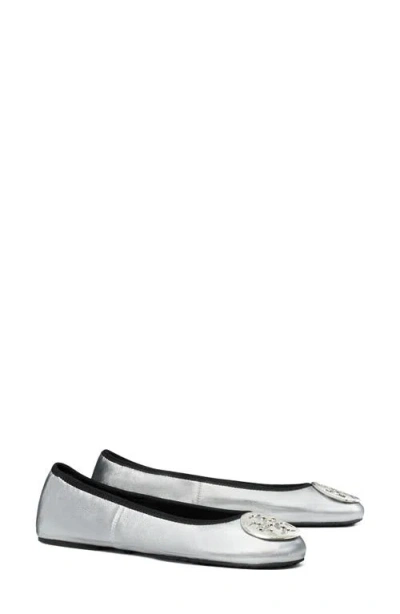 Tory Burch Silver Colored Ballerinas With Logo Plaque On The Front And Elasticated Design In Leather Woman In Gray