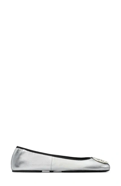 Tory Burch Silver Colored Ballerinas With Logo Plaque On The Front And Elasticated Design In Leather Woman In Gray