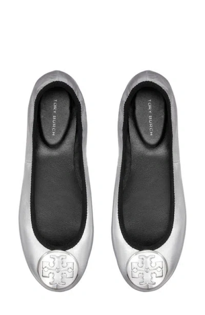 Tory Burch Silver Colored Ballerinas With Logo Plaque On The Front And Elasticated Design In Leather Woman In Gray