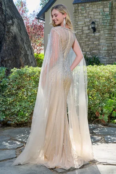 Gls Gl3666 Cape Long Formal Beaded Sequin Fitted Dress In Neutral