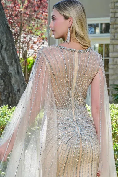 Gls Gl3666 Cape Long Formal Beaded Sequin Fitted Dress In Neutral