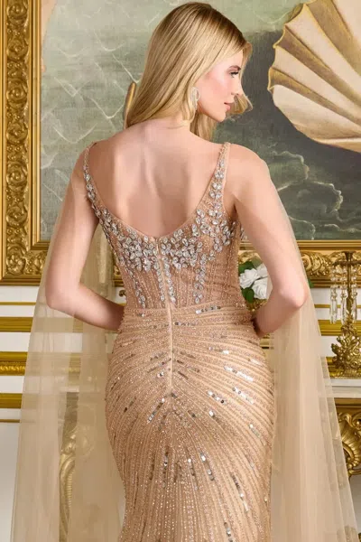 Gls Gl3665 Long Formal Beaded Sequin Fitted Evening Dress In Neutral