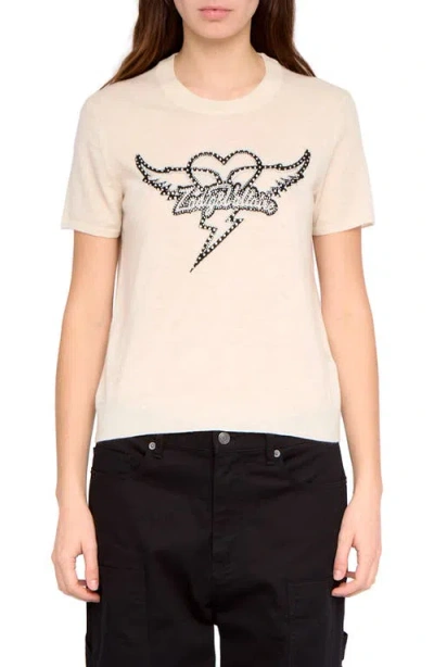 Zadig & Voltaire Idal Aero Heart Crystal Embellished Short Sleeve Cashmere Graphic Sweater In White