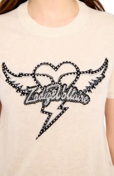 Zadig & Voltaire Idal Aero Heart Crystal Embellished Short Sleeve Cashmere Graphic Sweater In White