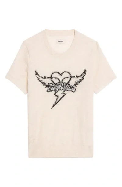 Zadig & Voltaire Idal Aero Heart Crystal Embellished Short Sleeve Cashmere Graphic Sweater In White