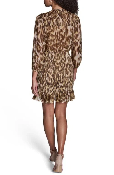 Bcbg Leopard Print Smocked Chiffon Minidress In Brown