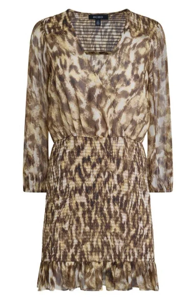 Bcbg Leopard Print Smocked Chiffon Minidress In Brown