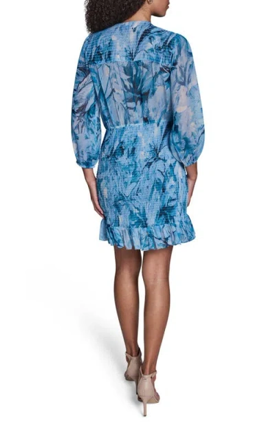 Bcbg Floral Smocked Chiffon Minidress In Blue