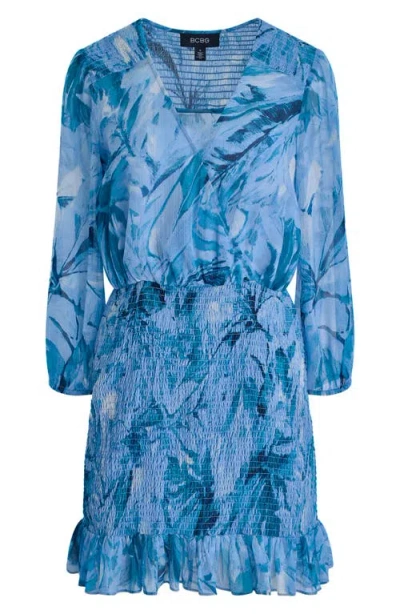 Bcbg Floral Smocked Chiffon Minidress In Blue