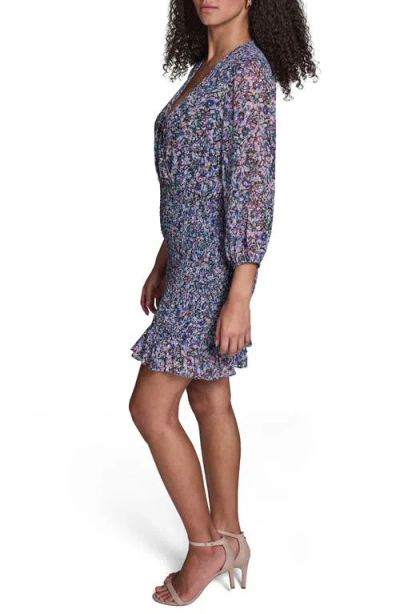 Bcbg Floral Smocked Chiffon Minidress In Blue