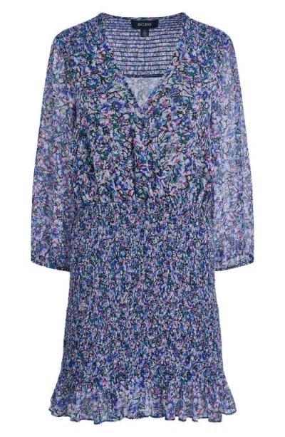 Bcbg Floral Smocked Chiffon Minidress In Blue