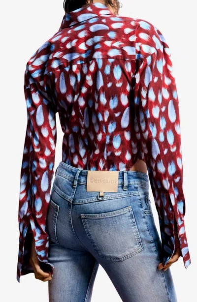 Desigual Feather Print Button-up Bodysuit In Red