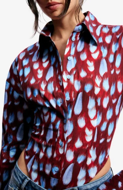 Desigual Feather Print Button-up Bodysuit In Red