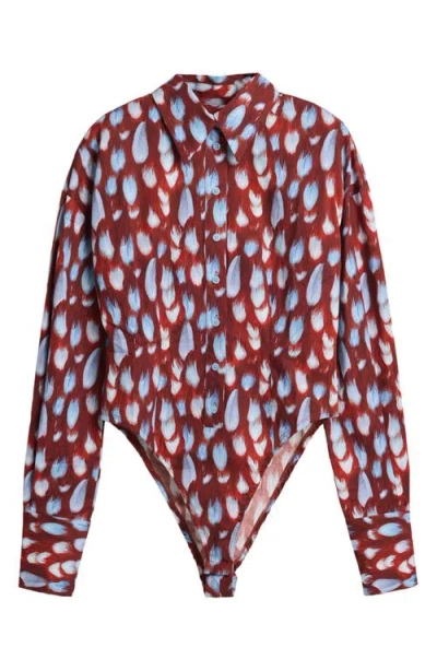 Desigual Feather Print Button-up Bodysuit In Red
