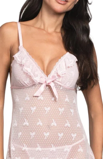 In Bloom By Jonquil Stretch Mesh Bow Pattern Babydoll & Thong In Pink