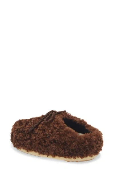 Moon Boot Dark Brown Curly Shearling Mules In Brown