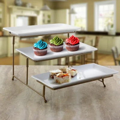Gibson Elite Gracious Dining 3 Tiered Rectangle Porcelain Plate Set With Gold Metal Stand In White