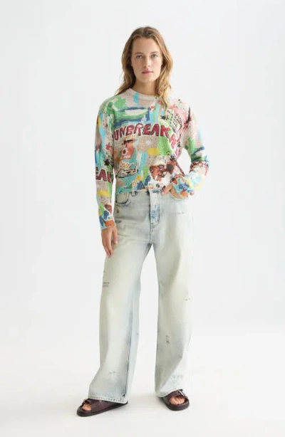 Scotch & Soda X Basquiat Embroidered Cotton Graphic Crewneck Sweater In Multi